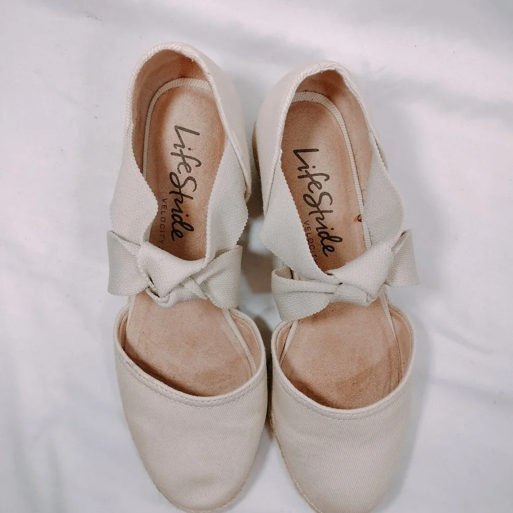 LifeStride Kascade Espadrille Wedges; Beige w/Knot Detail Canvas Sandals
